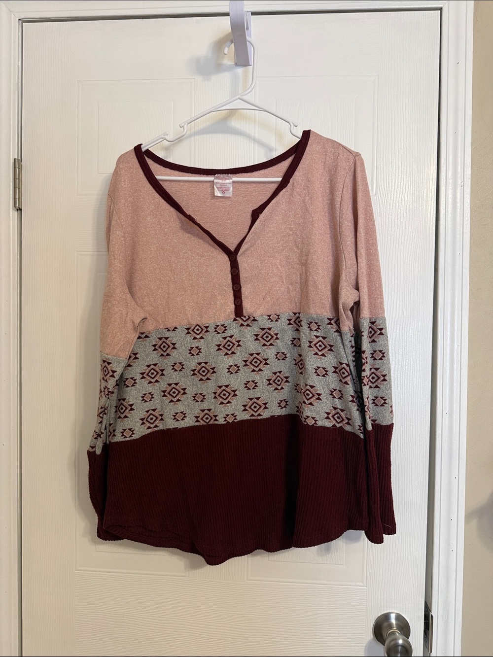 No Boundaries Pink & Burgundy Patterned Henley Long-Sleeve Top
